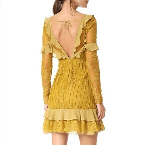 For Love & Lemons Dress Large Daphne Lace Mini Chartreuse Zip Up Lace Lined - Picture 3 of 9